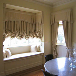 Silk Drapes Swags and Tails Living room with custom-made drapes in Brunswick